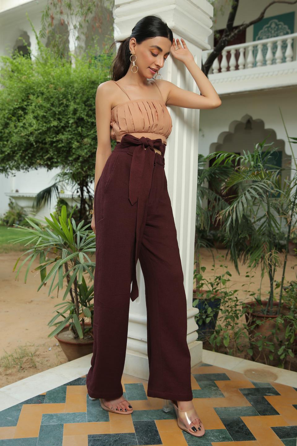 coffee-brown-waffle-cotton-pant-11705056OR, Women Clothing, Cotton Pant