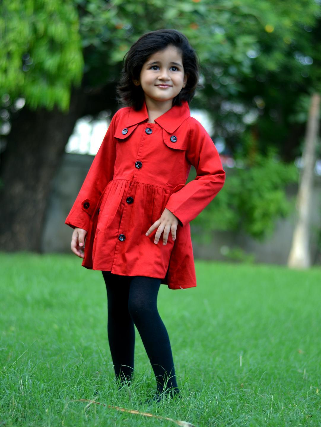 collar-neck-solid-trench-coat-with-attached-buttons-red-10515042RD, Kids Clothing, Cotton,Twill Girl Trenchcoat