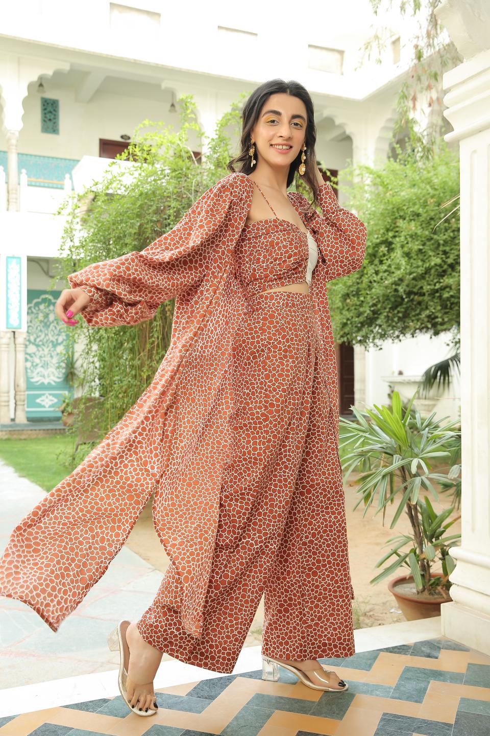 copper-brown-bubble-print-cape-with-bichrome-top-and-pant-set-11740006BR, Women Clothing, Cotton Matching Set
