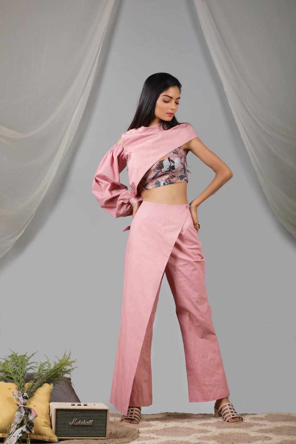 Coral Blush Off Shoulder High Low Jacket With Flap Pant And Blouse Set