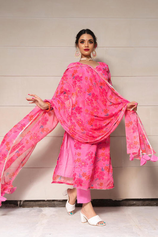 cosmos-pink-chinnon-chiffon-suit-set-11403216PK, Women Indian Ethnic Clothing, Chiffon Kurta Set Dupatta
