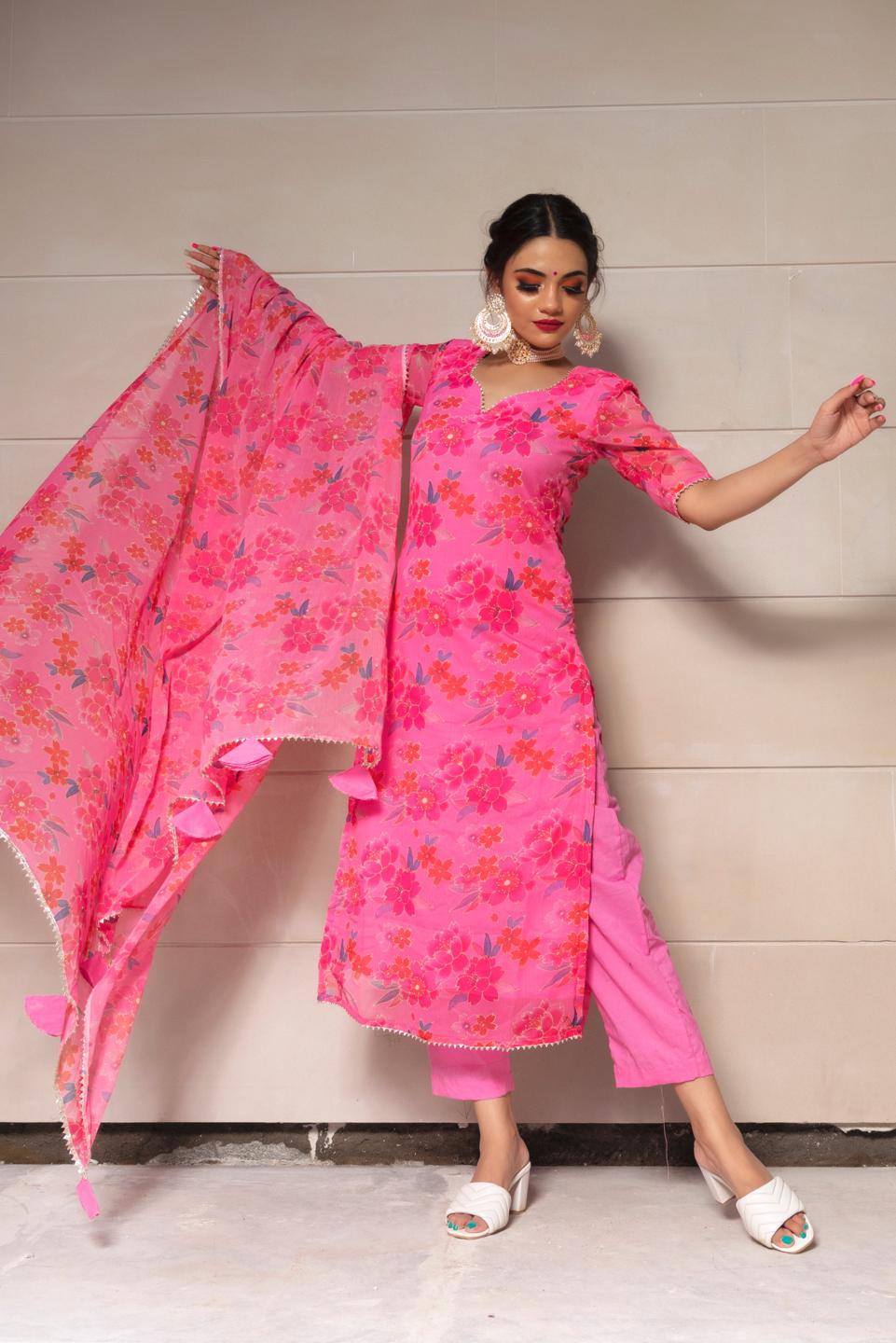 cosmos-pink-chinnon-chiffon-suit-set-11403216PK, Women Indian Ethnic Clothing, Chiffon Kurta Set Dupatta