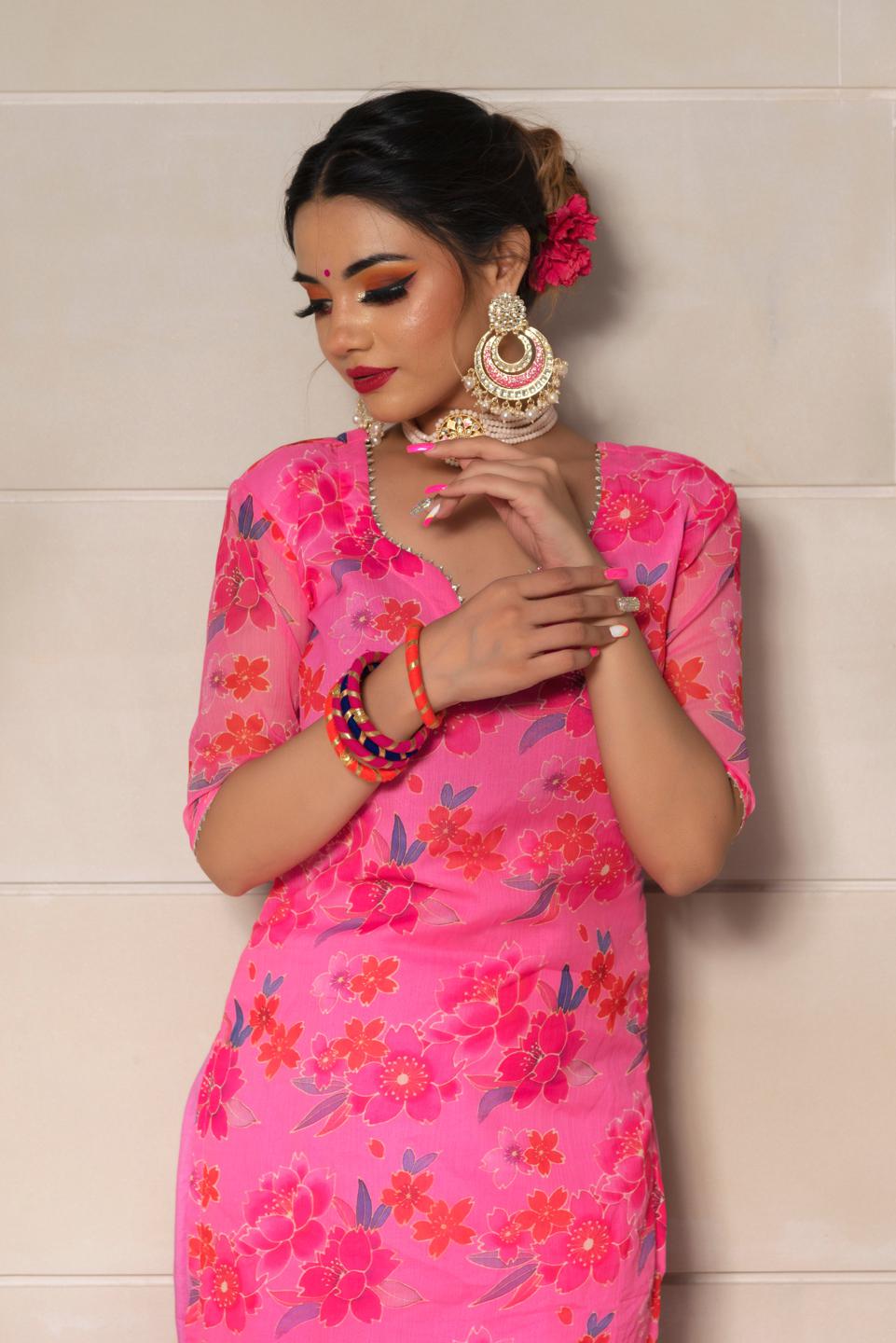 cosmos-pink-chinnon-chiffon-suit-set-11403216PK, Women Indian Ethnic Clothing, Chiffon Kurta Set Dupatta