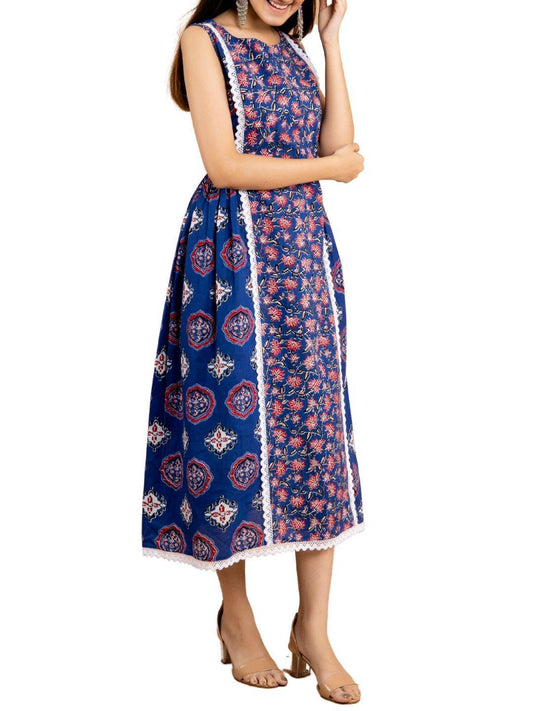 cotton-blue-red-floral-dress-10904022BL, Women Clothing, Cotton Dress, Cotton Blue-Red Floral Dress