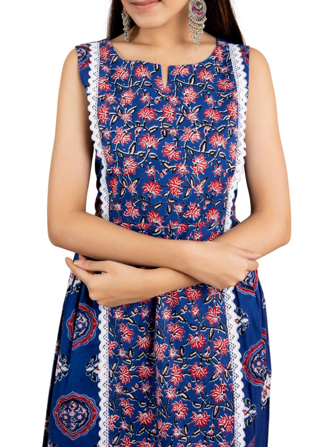 cotton-blue-red-floral-dress-10904022BL, Women Clothing, Cotton Dress, Cotton Blue-Red Floral Dress