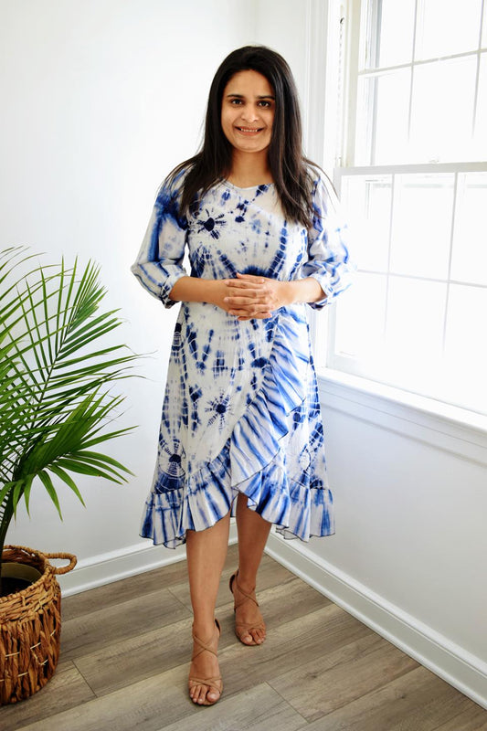 Cotton Blue Tie-Dye Frill Dress