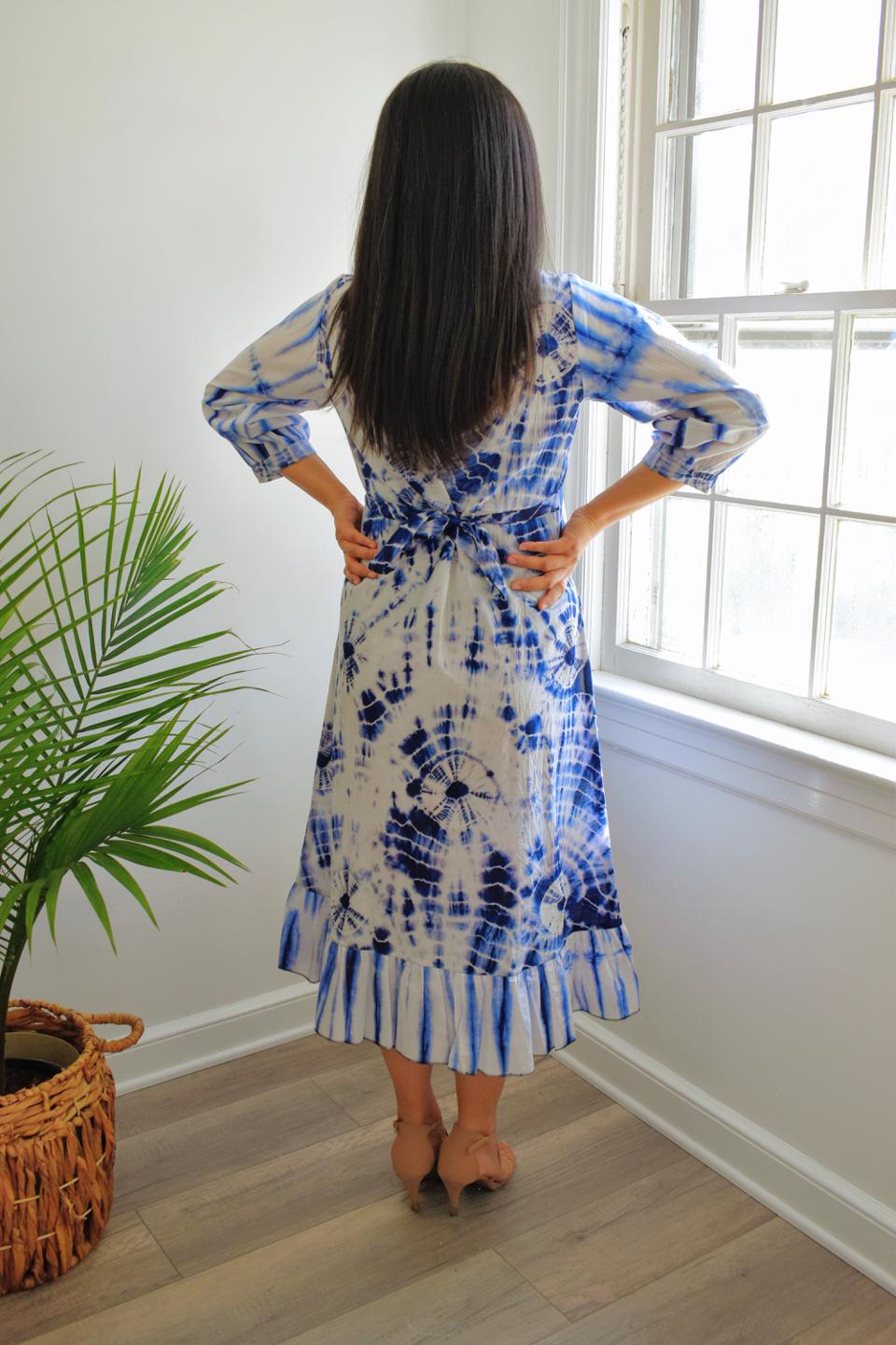 Cotton Blue Tie-Dye Frill Dress