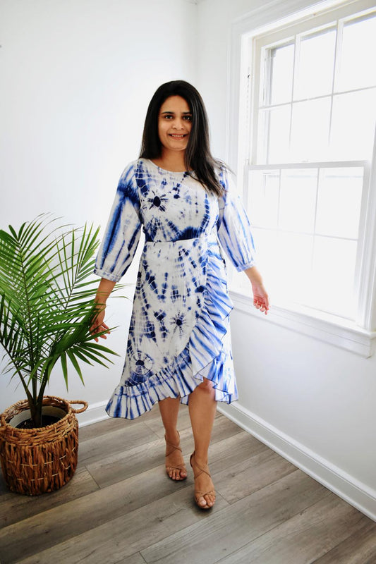 Cotton Blue Tie-Dye Frill Dress