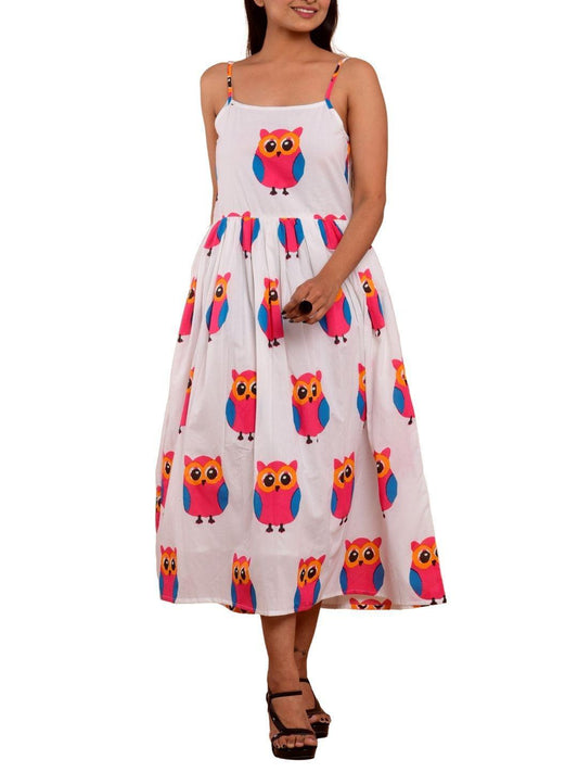 cotton-owl-print-dress-10904004WH, Women Clothing, Cotton Dress, Cotton Owl Print Hem Shoulder Straps Sleeveless Dress with Lining