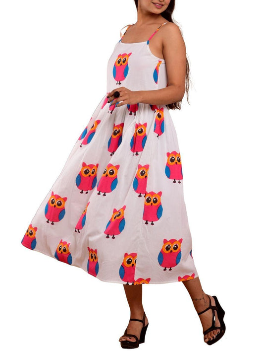 cotton-owl-print-dress-10904004WH, Women Clothing, Cotton Dress, Cotton Owl Print Hem Shoulder Straps Sleeveless Dress with Lining
