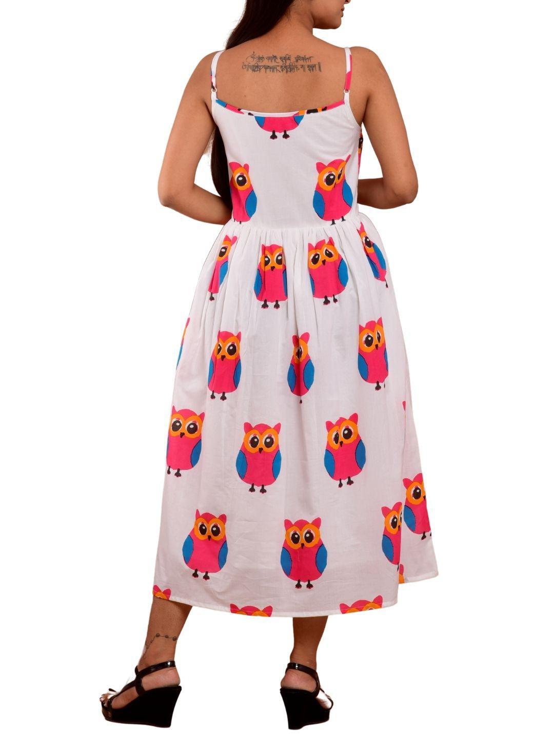 cotton-owl-print-dress-10904004WH, Women Clothing, Cotton Dress, Cotton Owl Print Hem Shoulder Straps Sleeveless Dress with Lining