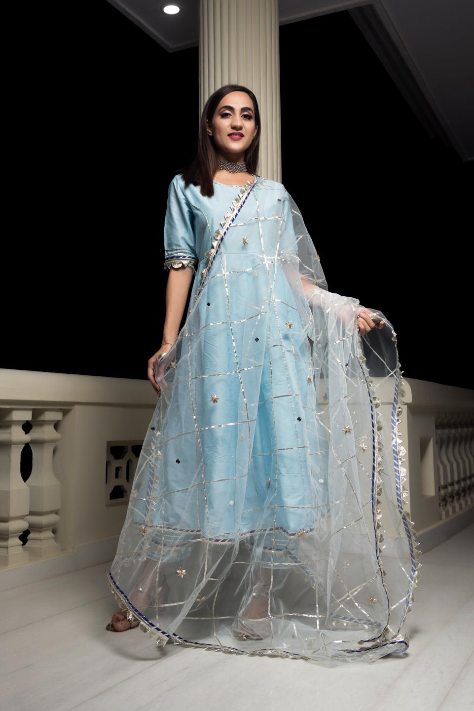 cotton-silk-blue-anarkali-with-gotta-jaal-work-11403182BL, Women Indian Ethnic Clothing, Cotton Silk Kurta Set Dupatta