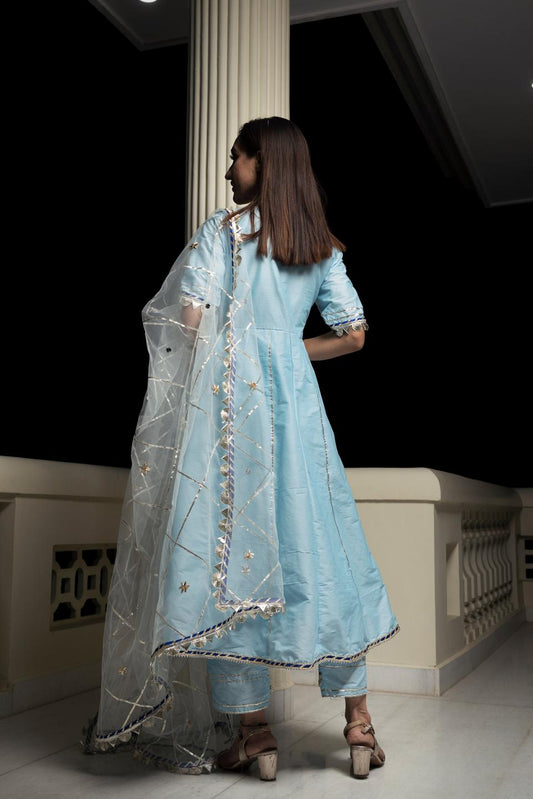 cotton-silk-blue-anarkali-with-gotta-jaal-work-11403182BL, Women Indian Ethnic Clothing, Cotton Silk Kurta Set Dupatta