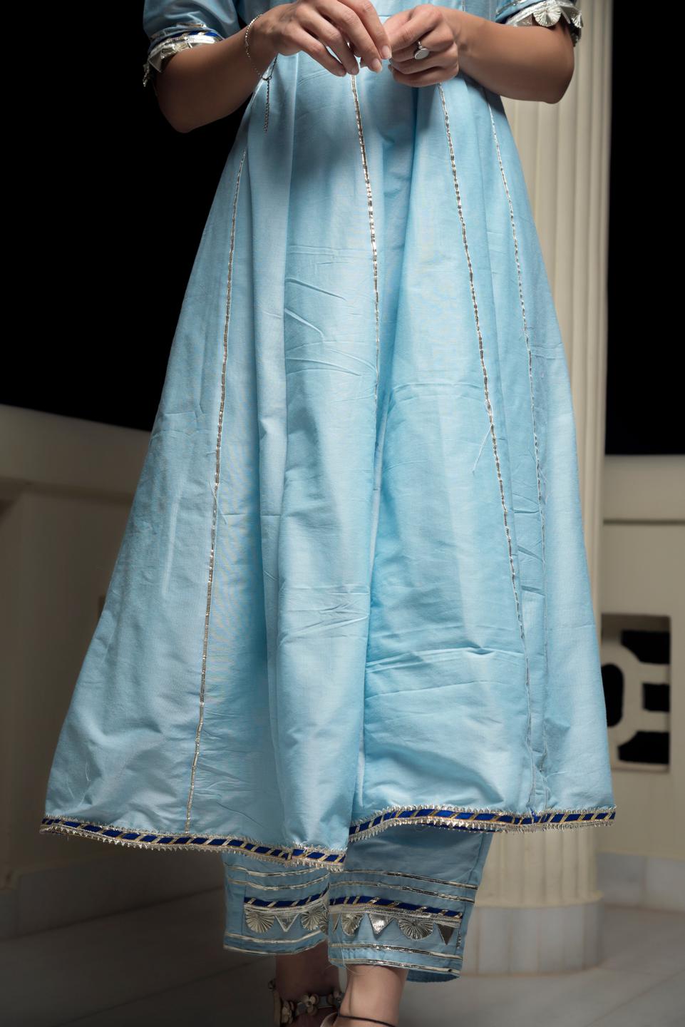 cotton-silk-blue-anarkali-with-gotta-jaal-work-11403182BL, Women Indian Ethnic Clothing, Cotton Silk Kurta Set Dupatta