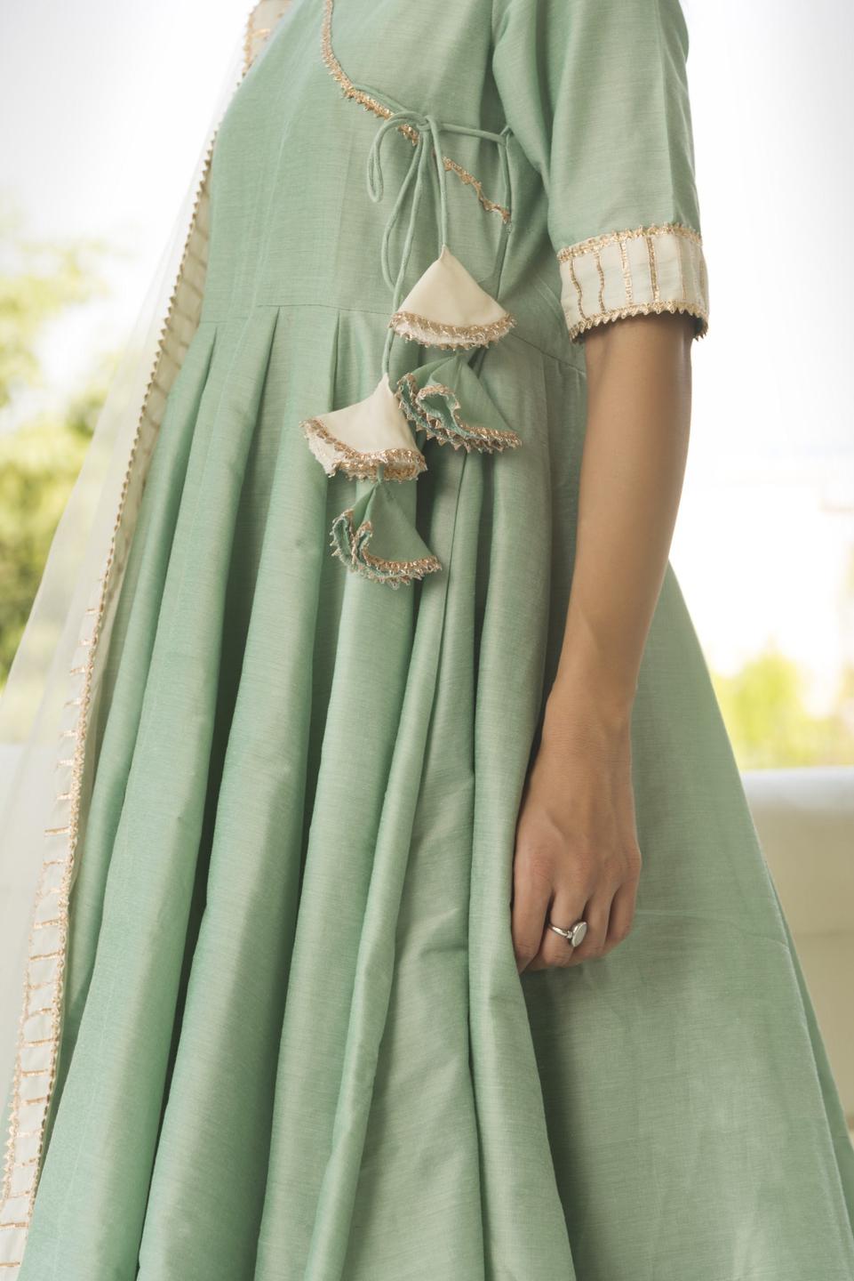 cotton-silk-mint-angrakha-11403215GR, Women Indian Ethnic Clothing, Cotton Silk Kurta Set Dupatta