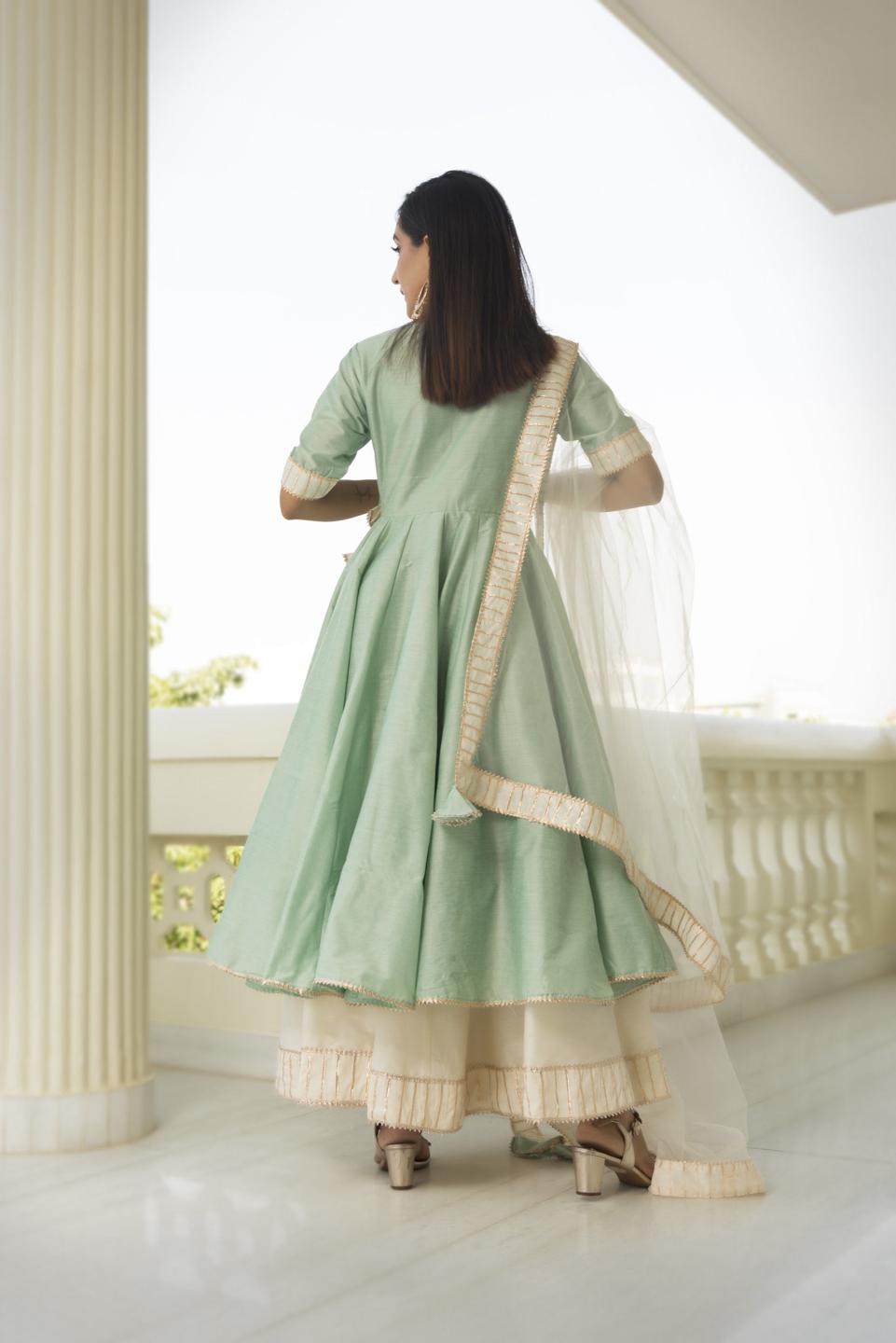 cotton-silk-mint-angrakha-11403215GR, Women Indian Ethnic Clothing, Cotton Silk Kurta Set Dupatta