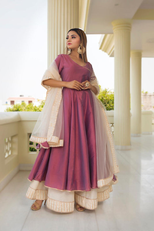 cotton-silk-purple-angrakha-11403187PR, Women Indian Ethnic Clothing, Cotton Silk Kurta Set Dupatta