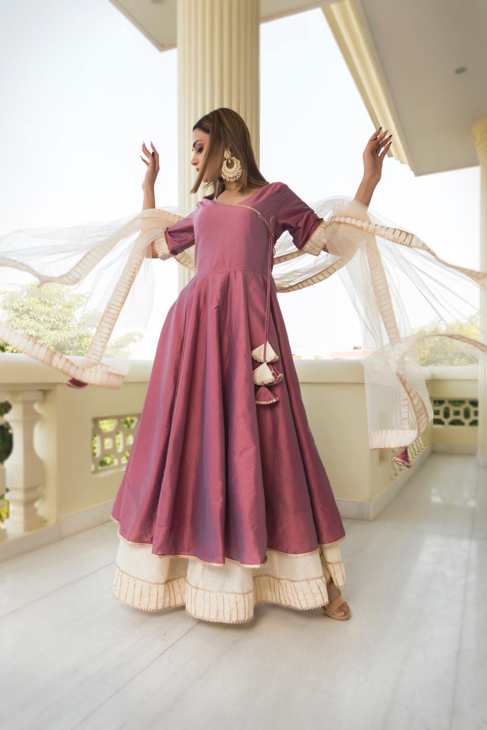 cotton-silk-purple-angrakha-11403187PR, Women Indian Ethnic Clothing, Cotton Silk Kurta Set Dupatta