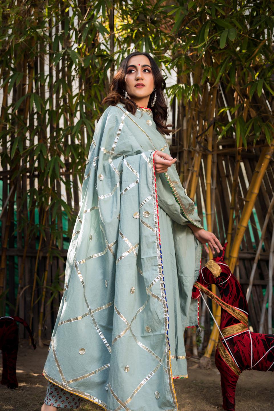 daisy-cotton-grey-anarkali-11403193GY, Women Indian Ethnic Clothing, Cotton Kurta Set Dupatta
