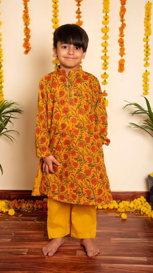 darpan-hand-block-kurta-pant-set-11420030YL, Kids Indian Ethnic Clothing, Cotton Boy Kurta Pajama Set