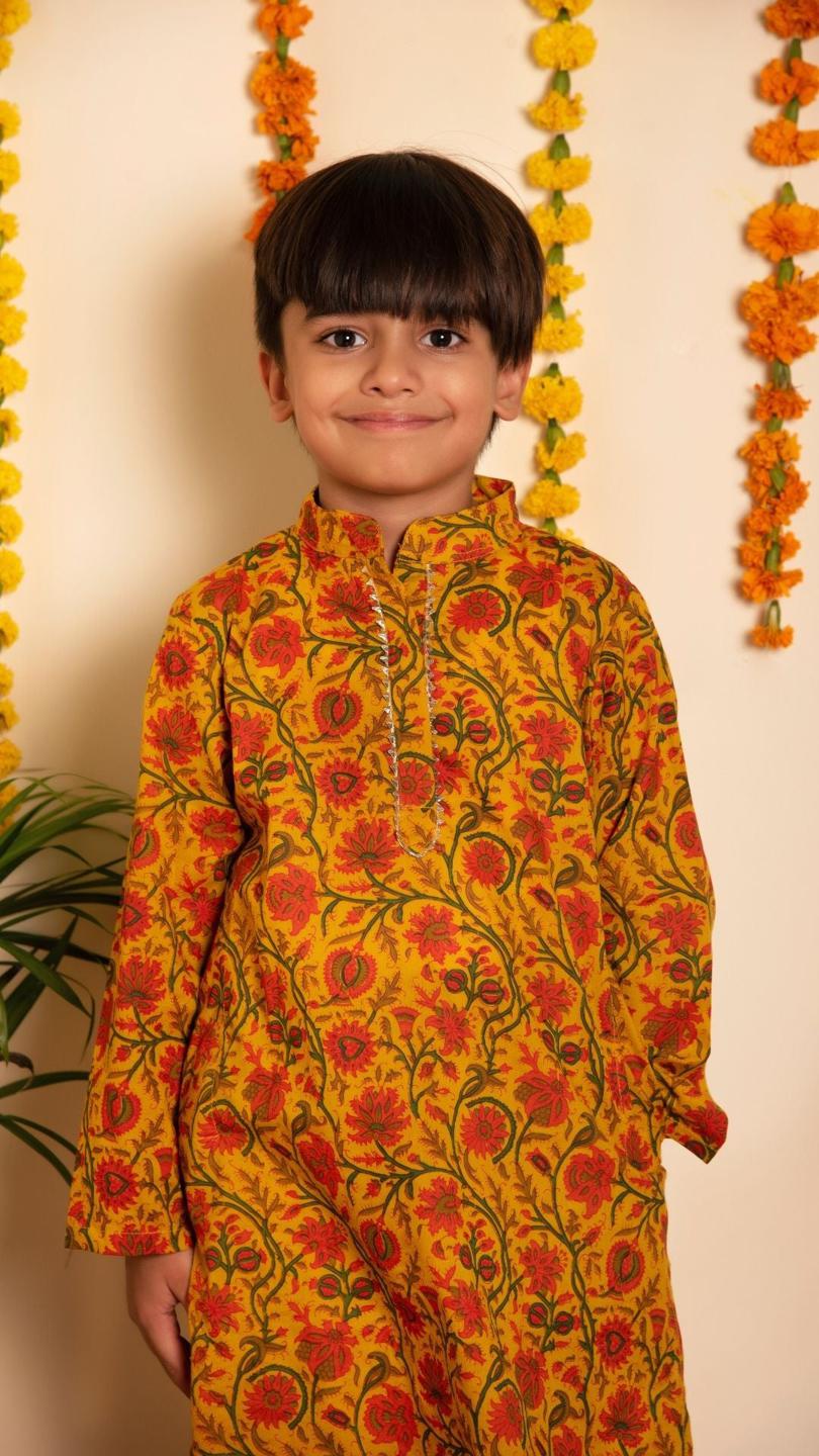 darpan-hand-block-kurta-pant-set-11420030YL, Kids Indian Ethnic Clothing, Cotton Boy Kurta Pajama Set