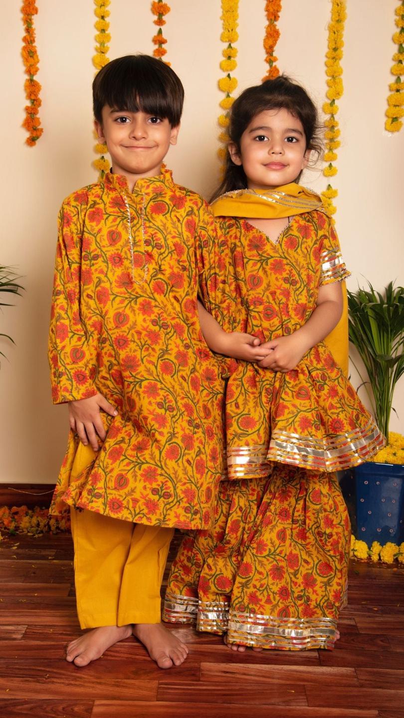 darpan-hand-block-kurta-pant-set-11420030YL, Kids Indian Ethnic Clothing, Cotton Boy Kurta Pajama Set