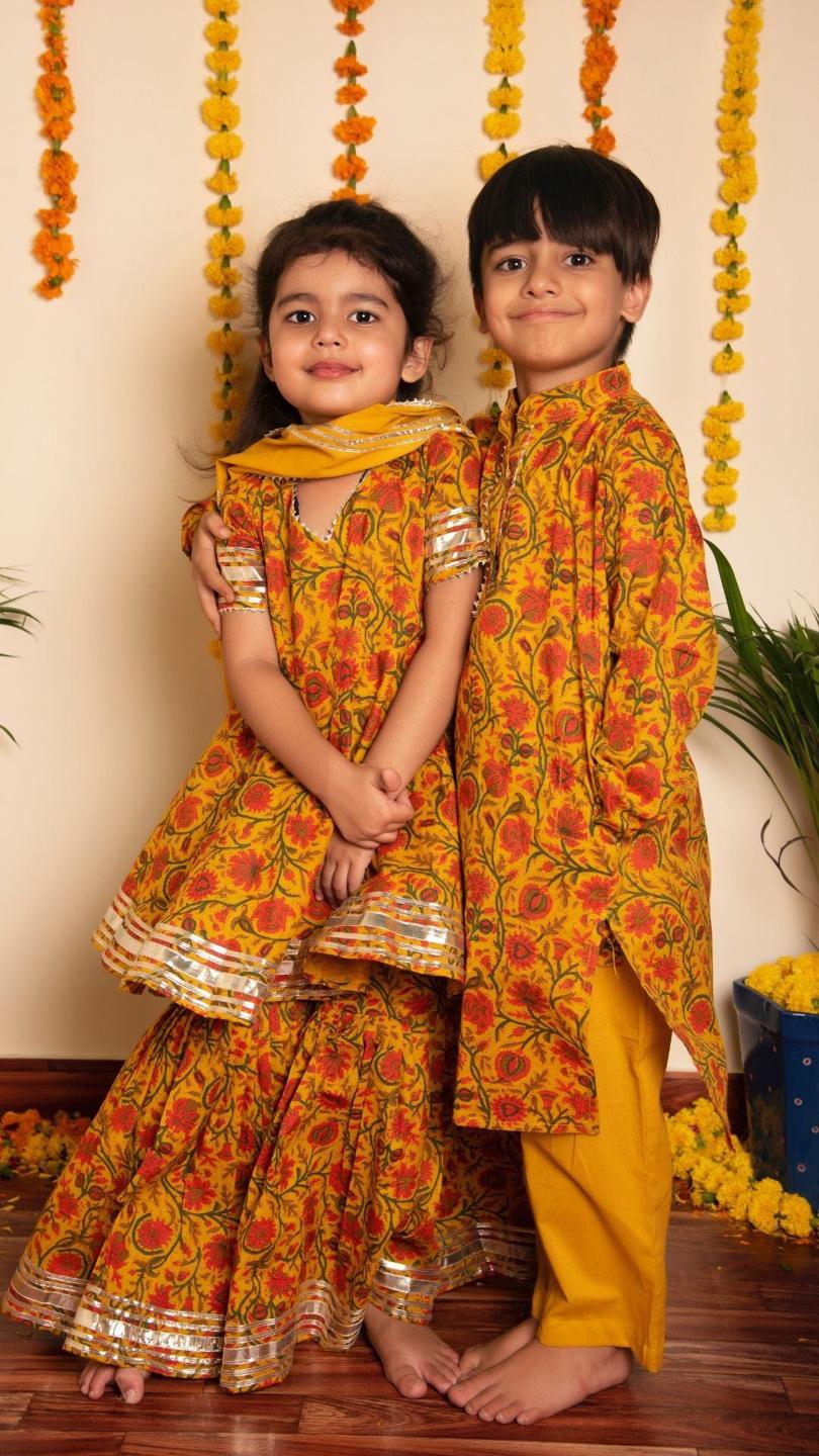 darpan-hand-block-kurta-pant-set-11420030YL, Kids Indian Ethnic Clothing, Cotton Boy Kurta Pajama Set