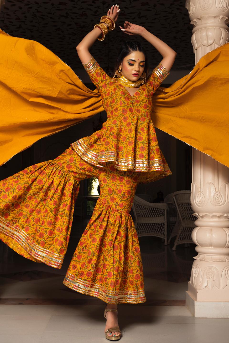 darpan-mustard-yellow-hand-block-cotton-sharara-set-11403201YL, Women Indian Ethnic Clothing, Cotton Kurta Set Dupatta