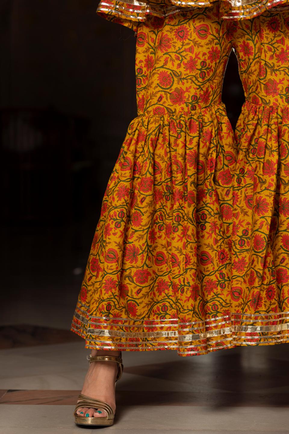 darpan-mustard-yellow-hand-block-cotton-sharara-set-11403201YL, Women Indian Ethnic Clothing, Cotton Kurta Set Dupatta