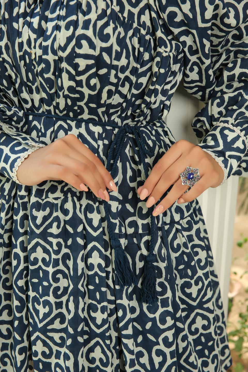denim-blue-printed-collared-skater-dress-11704015BL, Women Clothing, Cotton Dress