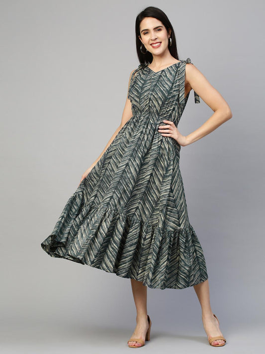 dense-printed-flounce-tie-up-dress-10304014BL, Women Clothing, Cotton Dress