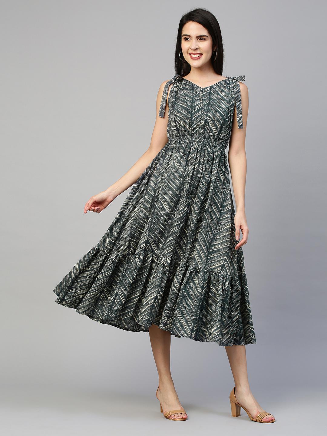 dense-printed-flounce-tie-up-dress-10304014BL, Women Clothing, Cotton Dress