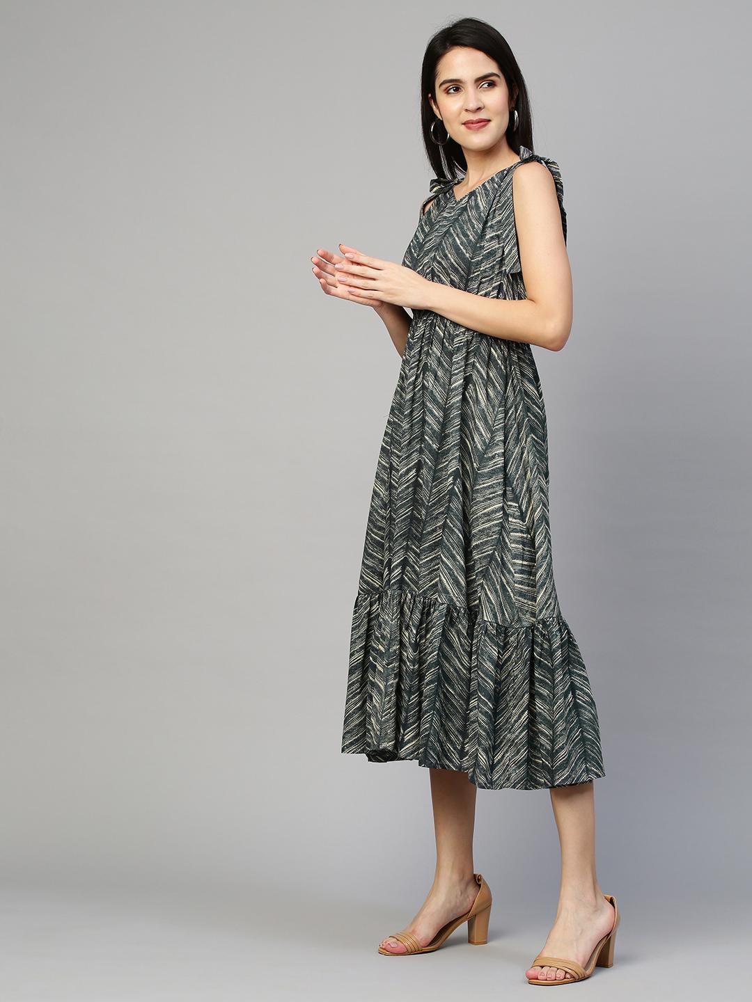 dense-printed-flounce-tie-up-dress-10304014BL, Women Clothing, Cotton Dress