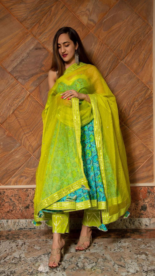 dhara-green-hand-block-pure-cotton-anarkali-set-11403223GR, Women Indian Ethnic Clothing, Cotton Kurta Set Dupatta