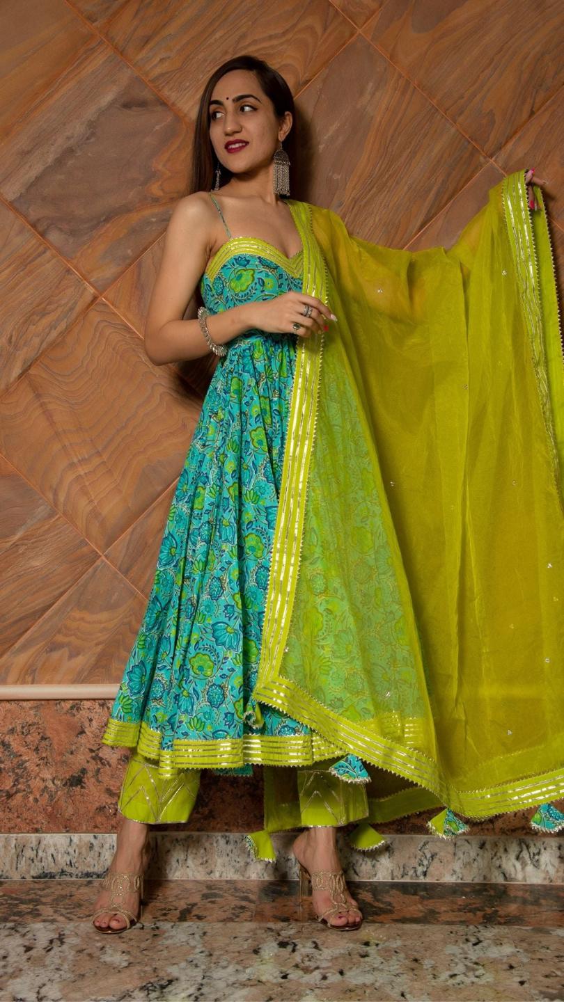 dhara-green-hand-block-pure-cotton-anarkali-set-11403223GR, Women Indian Ethnic Clothing, Cotton Kurta Set Dupatta