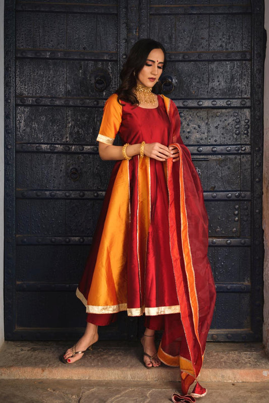 double-shade-taffeta-anarkali-set-11403195RD, Women Indian Ethnic Clothing, Silk Kurta Set Dupatta