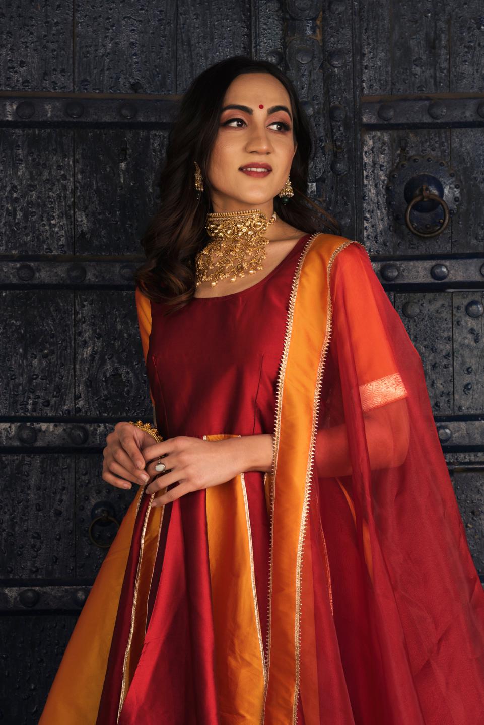 double-shade-taffeta-anarkali-set-11403195RD, Women Indian Ethnic Clothing, Silk Kurta Set Dupatta