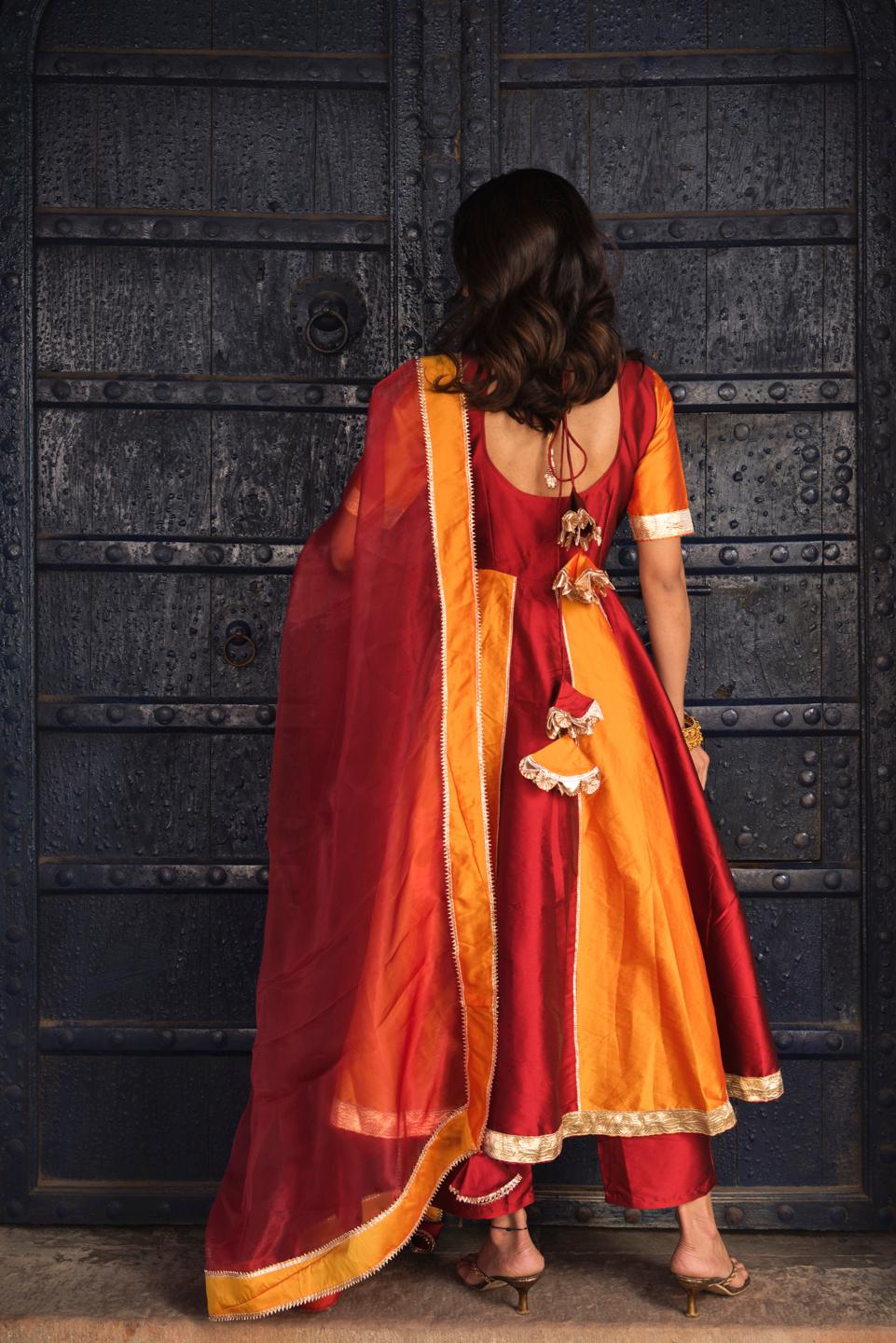 double-shade-taffeta-anarkali-set-11403195RD, Women Indian Ethnic Clothing, Silk Kurta Set Dupatta