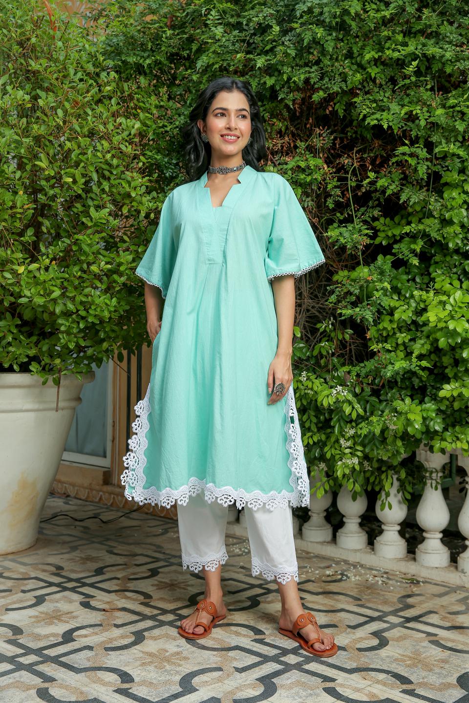 dusty-jade-kurta-with-pant-set-11702071GR, Women Indian Ethnic Clothing, Cotton Kurta Set