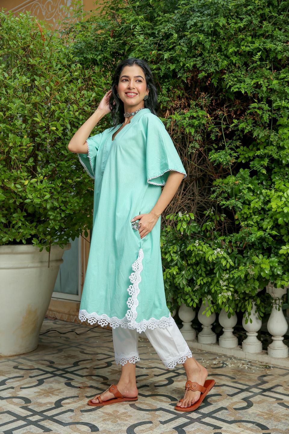 dusty-jade-kurta-with-pant-set-11702071GR, Women Indian Ethnic Clothing, Cotton Kurta Set