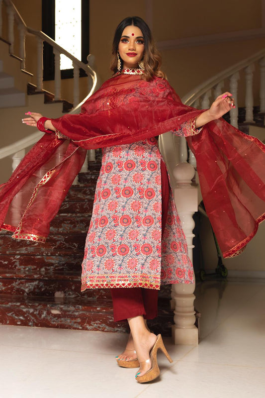 ekka-hand-block-cotton-suit-set-11403213MR, Women Indian Ethnic Clothing, Cotton Kurta Set Dupatta