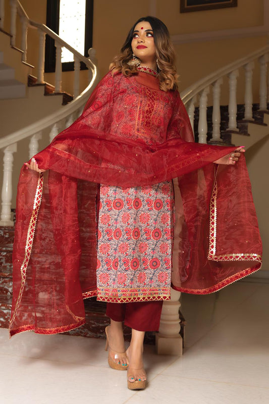 ekka-hand-block-cotton-suit-set-11403213MR, Women Indian Ethnic Clothing, Cotton Kurta Set Dupatta