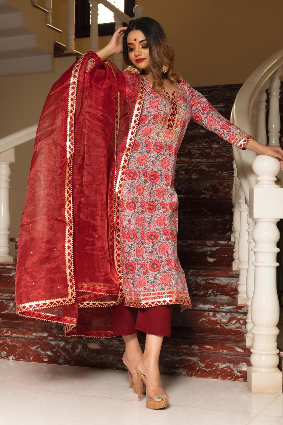 ekka-hand-block-cotton-suit-set-11403213MR, Women Indian Ethnic Clothing, Cotton Kurta Set Dupatta