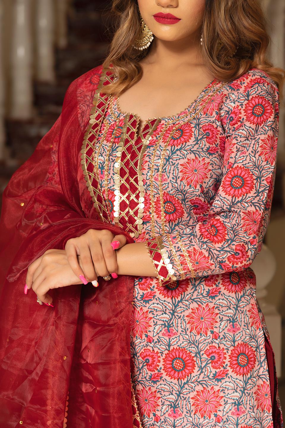 ekka-hand-block-cotton-suit-set-11403213MR, Women Indian Ethnic Clothing, Cotton Kurta Set Dupatta