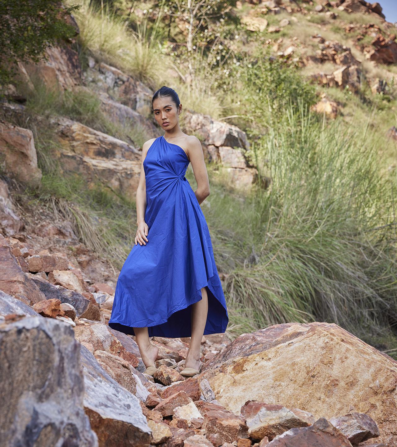 electric-blue-cotton-poplinone-shoulder-dress-11904005BL, Women Clothing, Cotton Dress