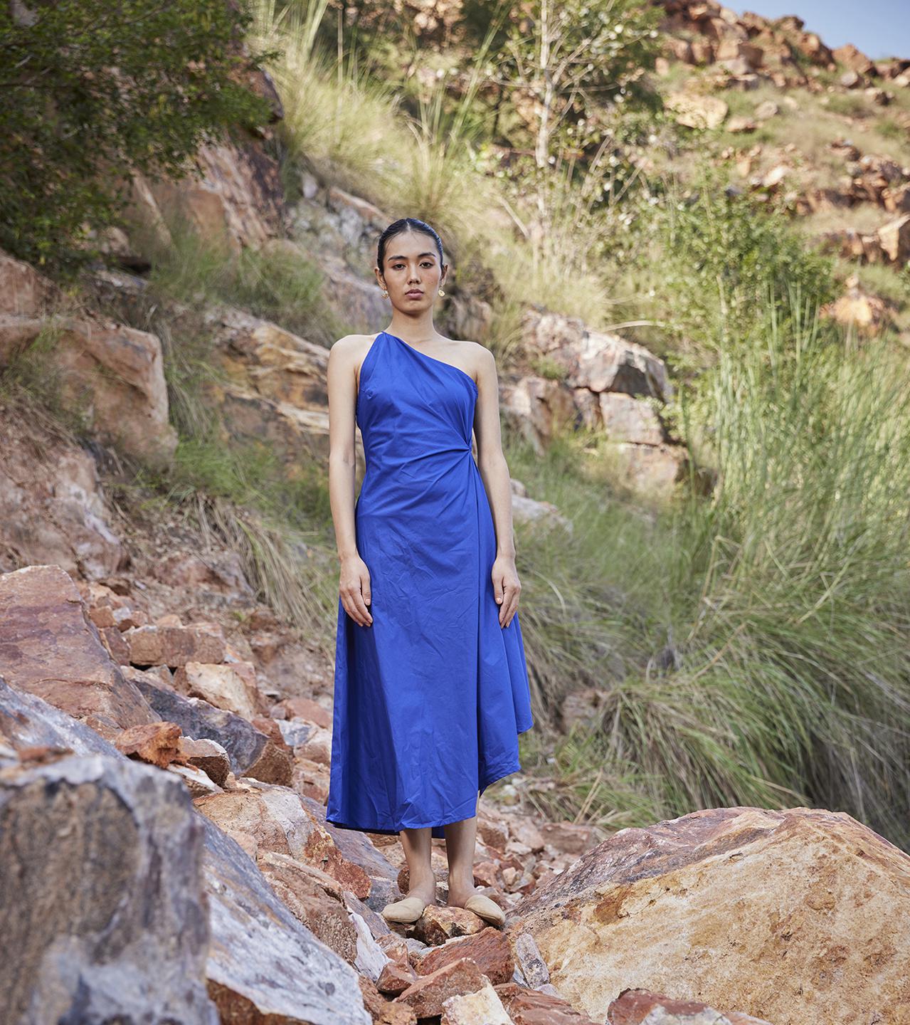 electric-blue-cotton-poplinone-shoulder-dress-11904005BL, Women Clothing, Cotton Dress