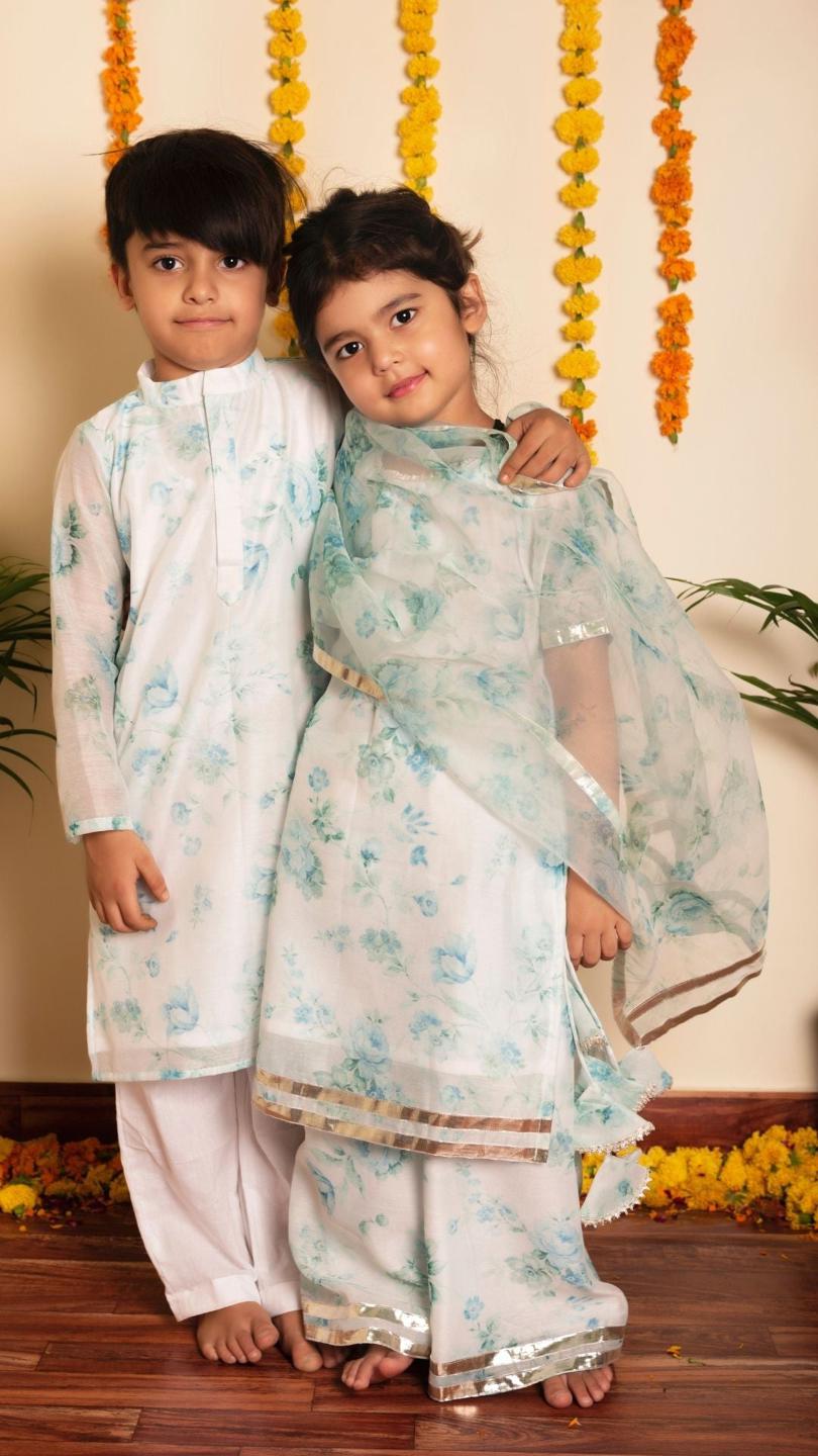 falak-kurta-palazzo-set-11412015WH, Kids Indian Ethnic Clothing, Chanderi Girl Palazzo Set