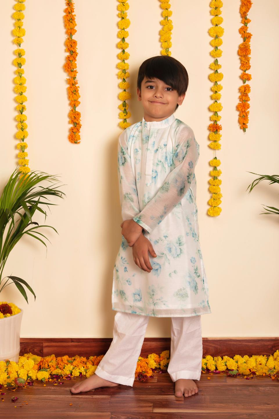 falak-kurta-pant-set-11420016WH, Kids Indian Ethnic Clothing, Chanderi Boy Kurta Pajama Set
