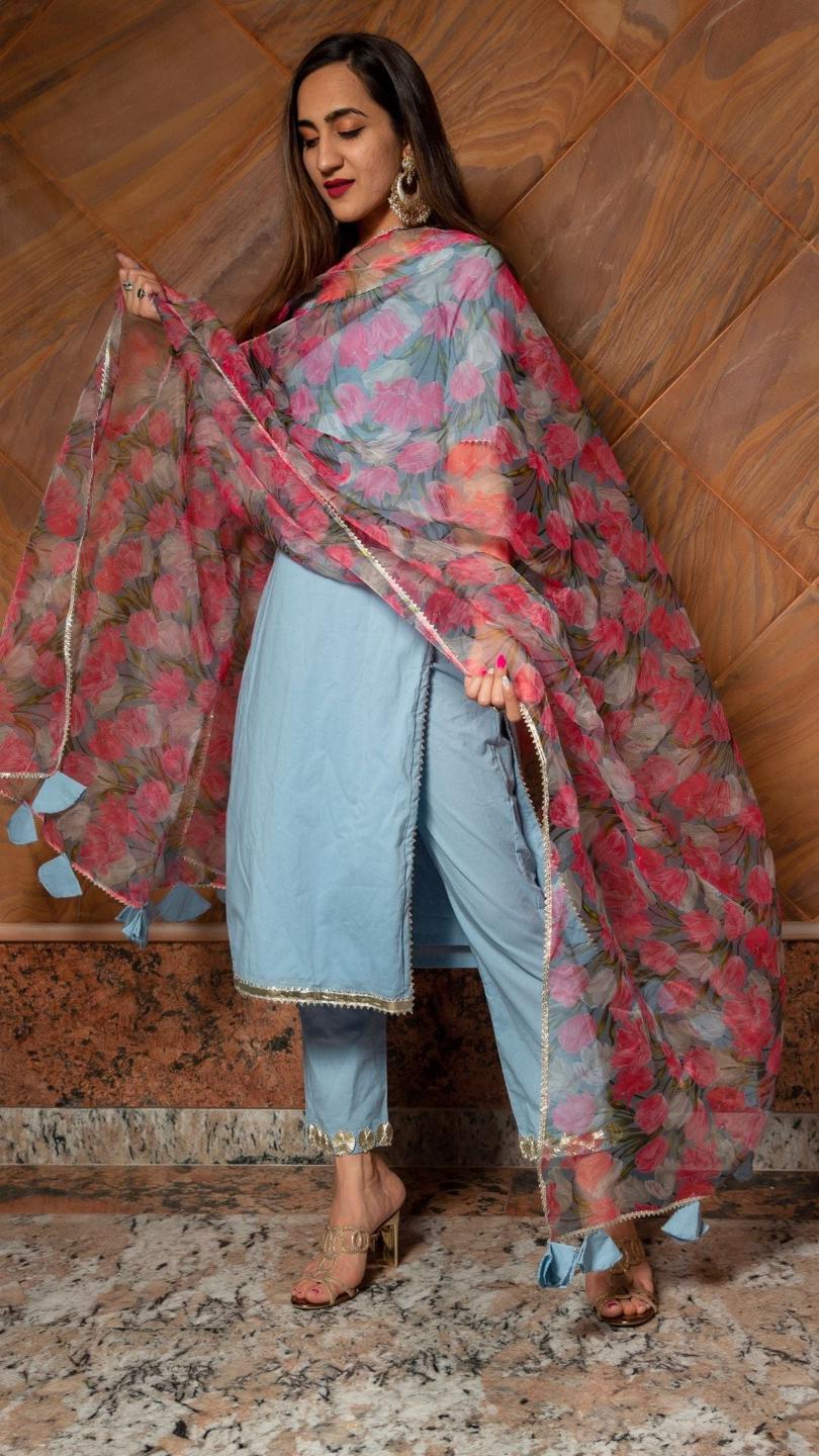 fiza-pure-cotton-suit-set-11403224BL, Women Indian Ethnic Clothing, Cotton Kurta Set Dupatta