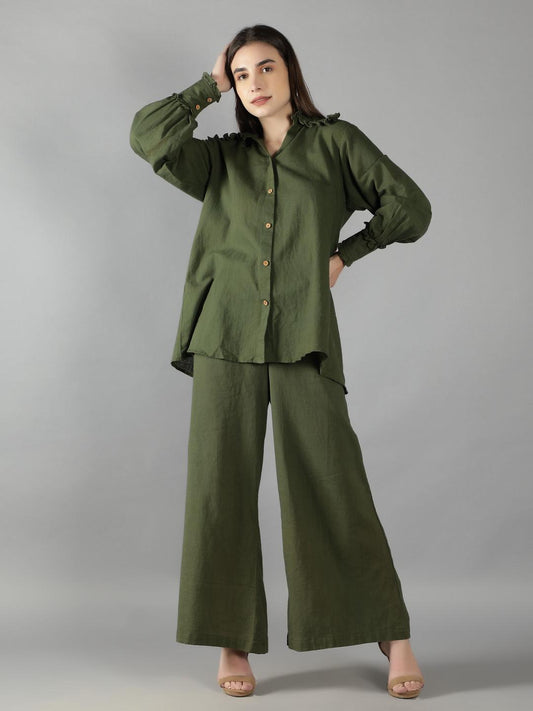 floral-back-tie-up-olive-green-shirt-pant-11740110GR, Women Clothing, Cotton Matching Set